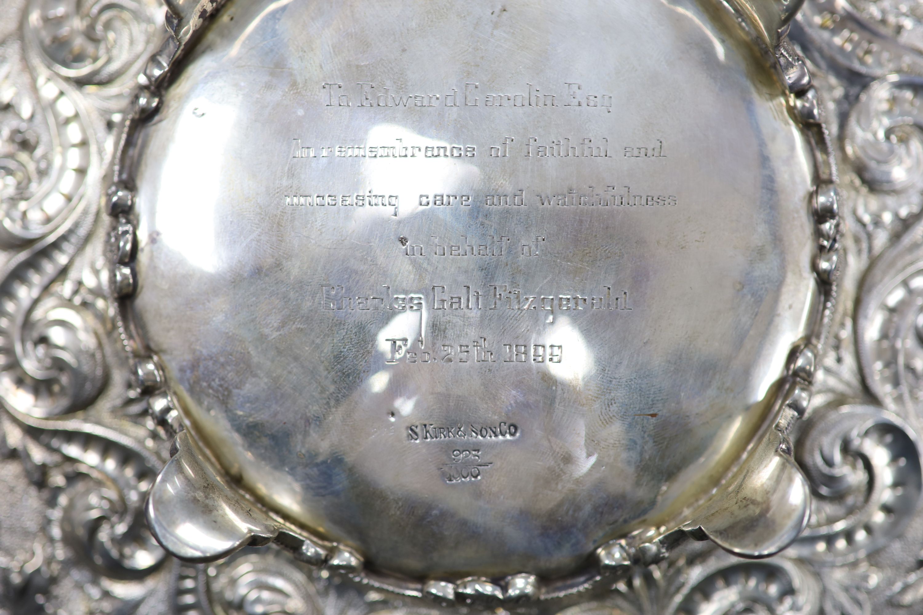 A late 19th century American embossed sterling fruit bowl by S. Kirk & Son Co, 23.5cm, 19.5oz.